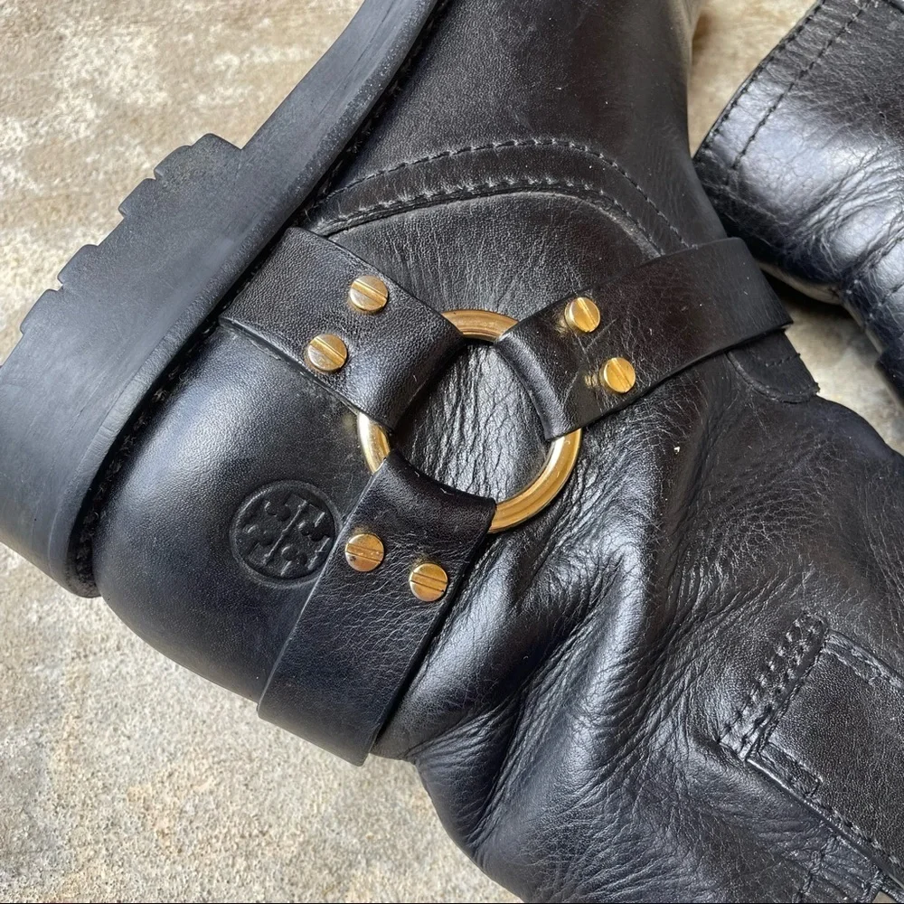 Rare Tory Burch Moto Boot Black Gold Leather Ronnie Biker Lug Sole Womens 7.5 - Picture 5 of 14